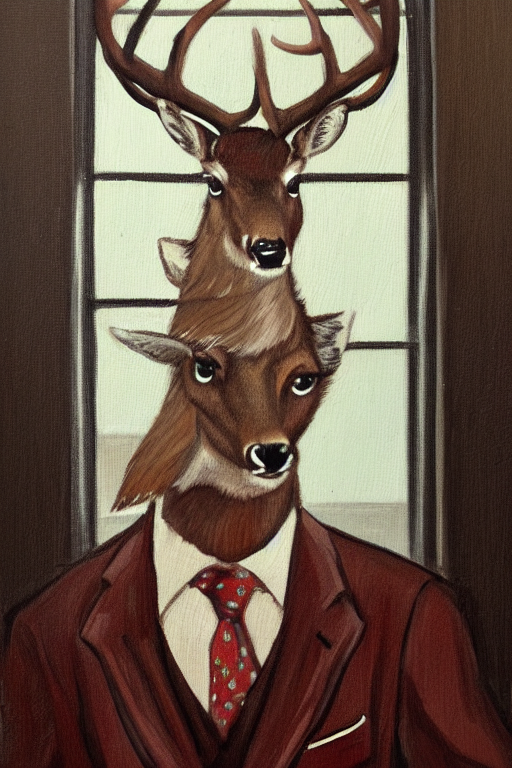 A Portrait Painting Of A Buck In Suit Sitting On A Chair Nea...