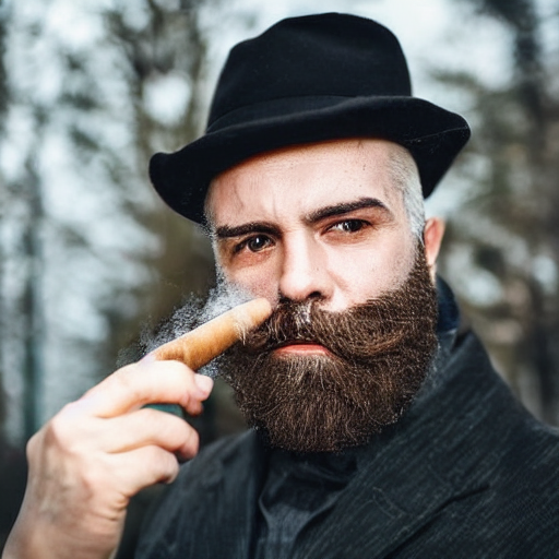 A Man With A Beard Smoking A Cigar, Highly Realistic, Very R...