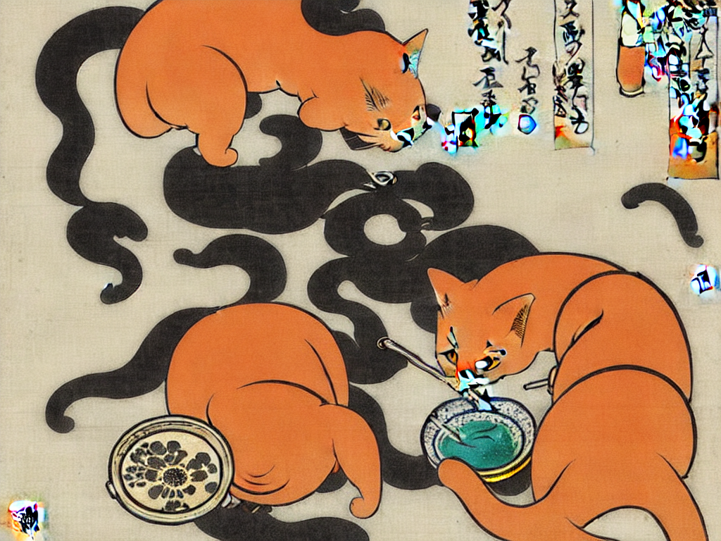 Whimsical Japanese Woodblock Print Of An Orange Cat Drinking...