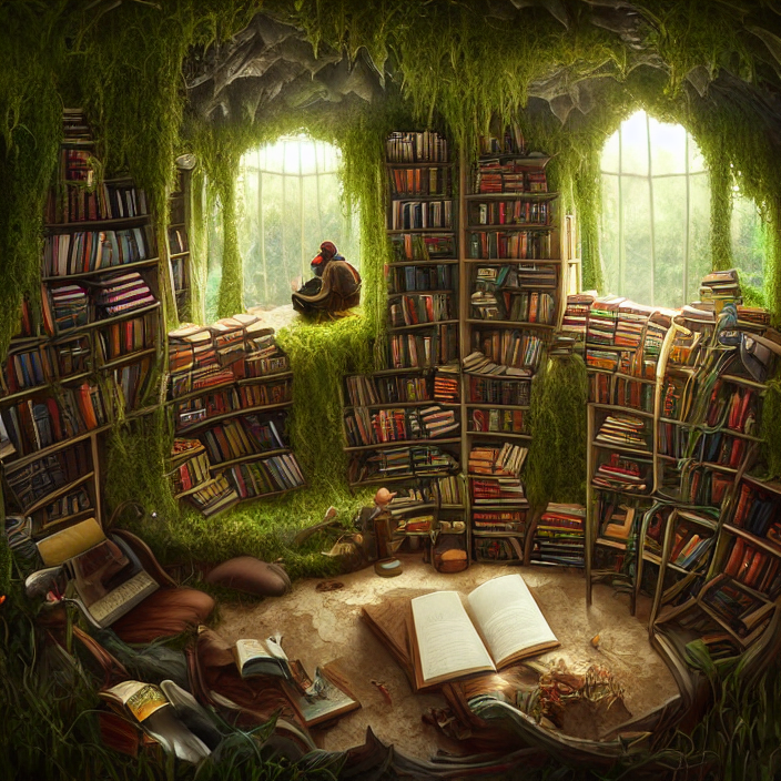 Cozy Library Inside Small Tent In Fantastical Overgrown Land...