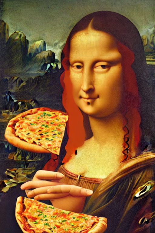 Hungry Woman Holding A Slice Of Pizza, In The Artistico Styl...