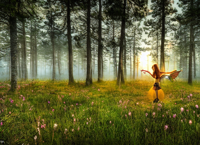 Nordic Mire With Dancing Fairies, Scenic Sunrise, Hdr, Photo...