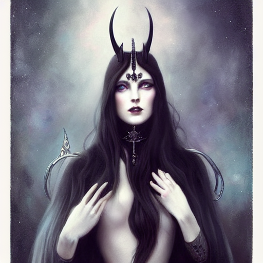 Portrait Of A Beautiful Woman With Horns, Blue Eyes, Long Wa...