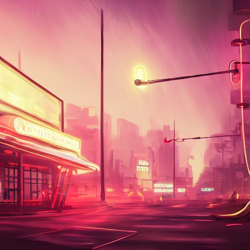 A Blurry Neon Sign In The Distance, Dynamic Lighting, Photor...
