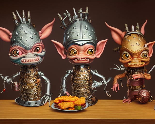 Zoomed Portrait Of Tin Toy Goblin Dragons Wearing Armour In...