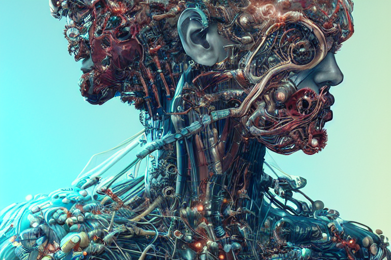 Detailed Digital Biopunk Biomechanical Man In Front Of Retro...