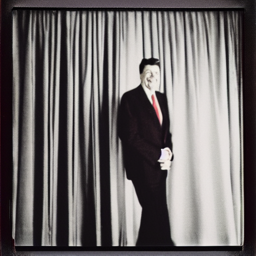 Ronald Reagan In Front Of Red Curtains. Polaroid