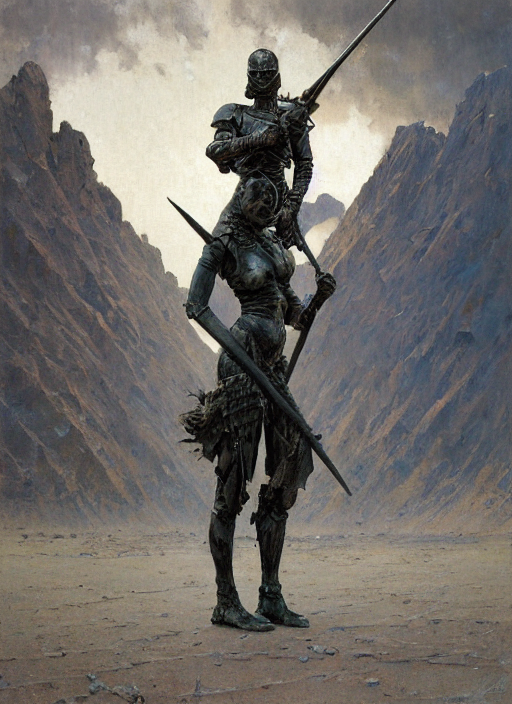 Oil Painting Tall Slim Mature Female Warrior In Iron Armour...