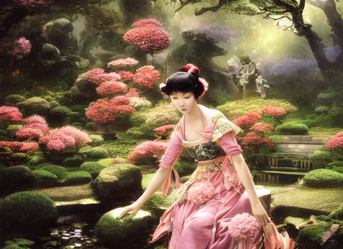 Ancient Japanese Fantasy Garden At Night, Beautiful Woman Ca...