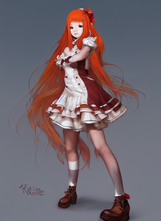 Redhead Bombshell Anime Girl Wearing Brown Lolita Dress, Bar... — Stable Diffusion AI Prompt: redhead bombshell anime girl wearing brown lolita dress, barett, red shoes, au n...