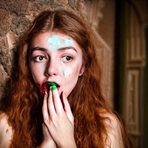 Close Up Of A Terrified Pretty Young Woman With Red Blood Sp...