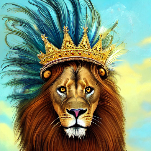 Beautiful Lion With Long Flowing Mane And Peacock Feathers A...