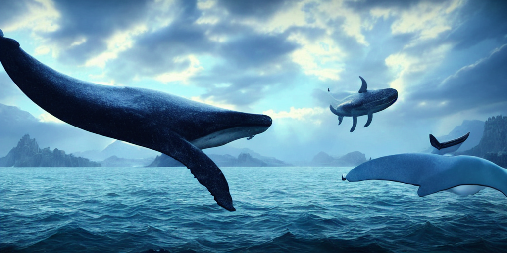 Render Of Dreamy Beautiful Landscape, Fantasy Flying Whale,...