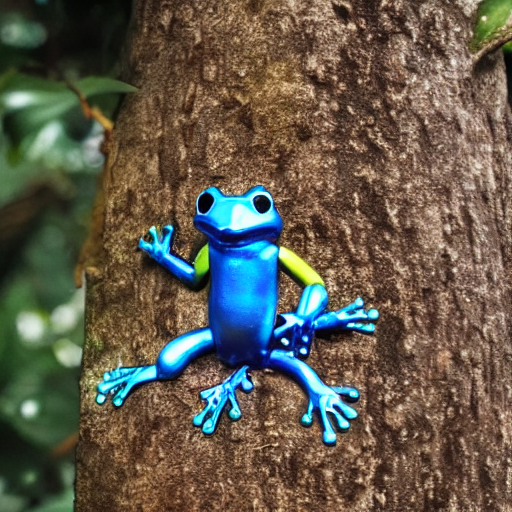 A Blue Cybertronic Tree Frog Made Of Metal Sitting In A Tree