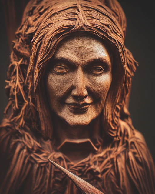 A Wooden Sculpture Of A Witch, Cherrywood Stain, Beautiful F...