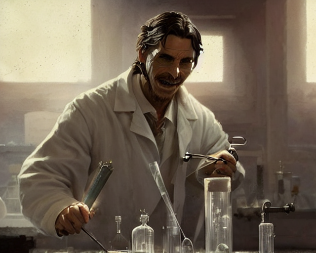 Christian Bale As A Mad Scientist, Lab Coat, Mixing Potions...