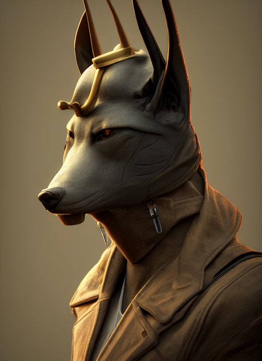 Portrait Of Anubis Wearing A Pale Gray Pilot Jacket Steampun...