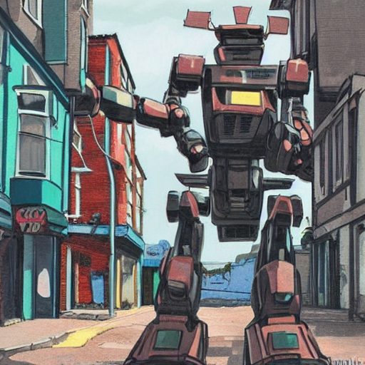 Concept Illustration. A Giant Robot Standing In The High Str...
