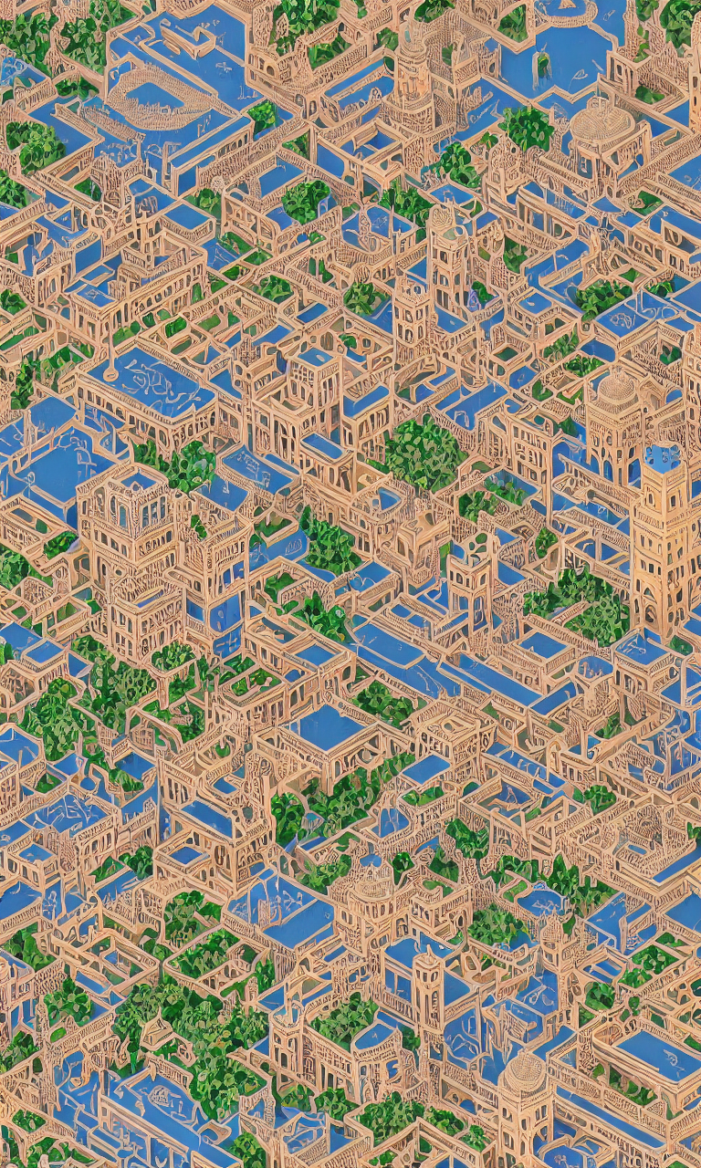 Moroccan Ornate Inspired Coastal City, Isometric Axonometric...