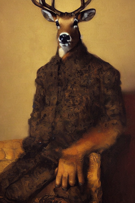 A Portrait Painting Of A Buck In Suit Sitting On A Sofa, By...