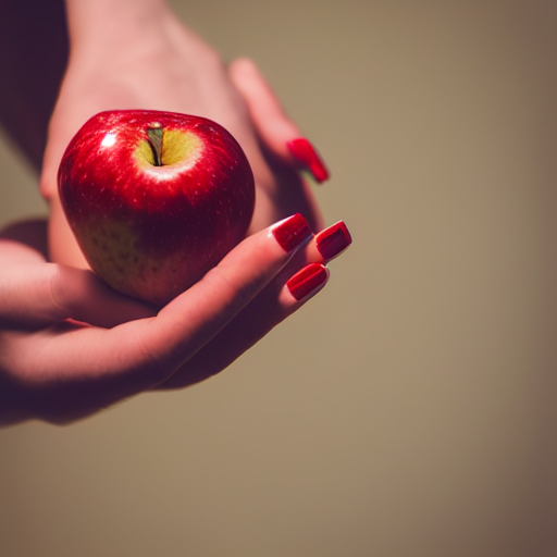 A Female Hand Holding A Red Fresh Apple With All 5 Fingers W...