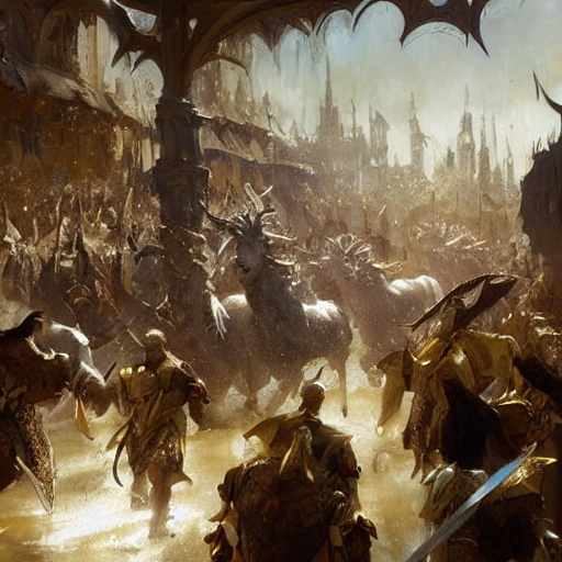 A White Aurochs With Gold Horns Charging Through A Medieval...