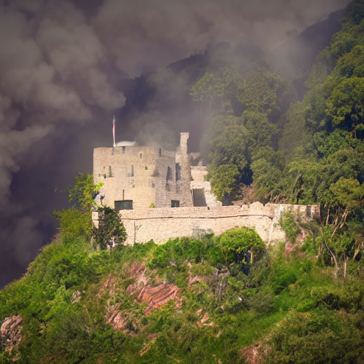 Old Castle On A Green Hill, With Rocks And Bushes, Debris, S...
