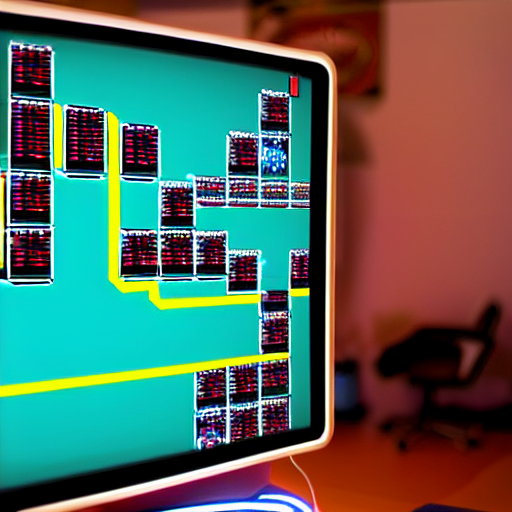 A Robot Coding, On Screen Retro Game Schemed — Stable Diffusion AI Prompt: a robot coding, on screen retro game schemed