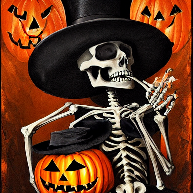 A Skeleton With A Tophat Holdind A Jack - O - Lantern By Rus...