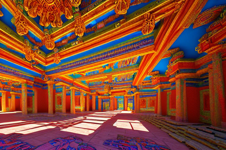 4 K Dslr Photo Of A Dramatically Lit Massive Brightly Painte... — Stable Diffusion AI Prompt: 4 k dslr photo of a dramatically lit massive brightly painted great temple inspi...