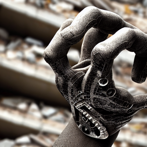 A Biomechanical Hand Extending From A Pile Of Rubble