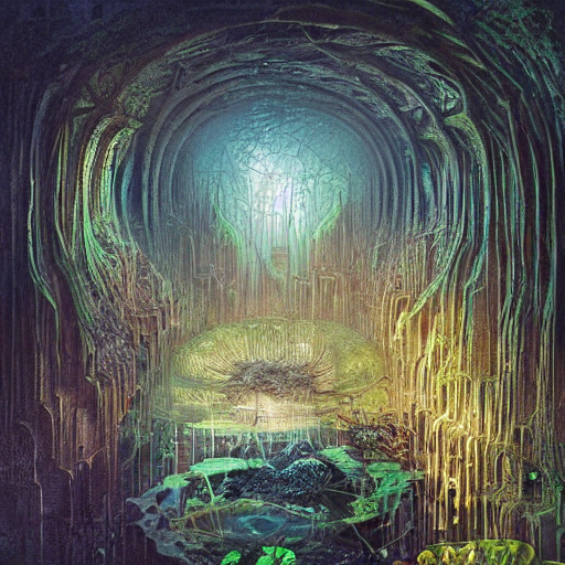 An Epic Organic And Weird Underground City. Brightly Illumin...