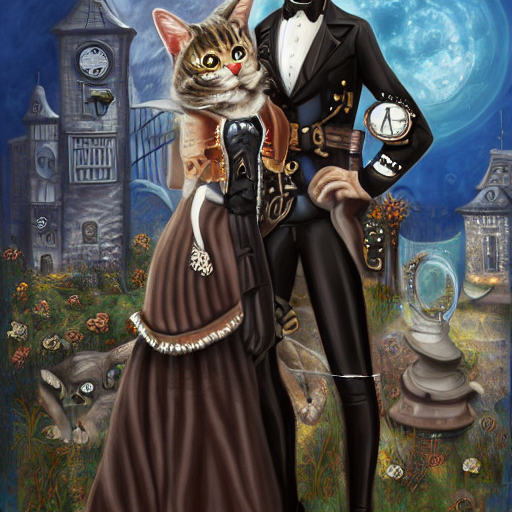 Portrait Of Anthropomorphic Cat Couple, Handsome Grey Tabby...