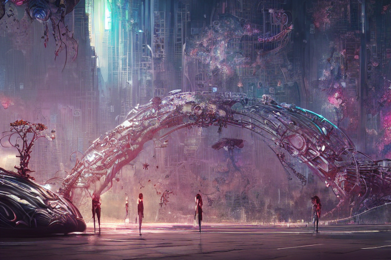 Detailed Digital Biopunk Biomechanical City In Front Of Retr...