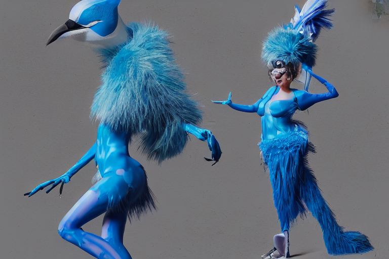 Anthropomorphic Blue Jay Animals, Dressed As A Raver Chick D...