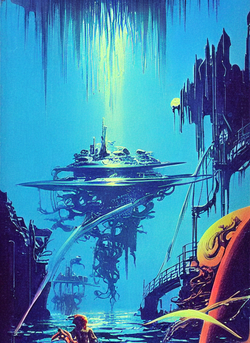 A Blue Abyss Underwater Concept Art, Dark, Cinematic Vintage... — Stable Diffusion AI Prompt: a blue abyss underwater concept art, dark, cinematic vintage 7 0 s anime comic b...