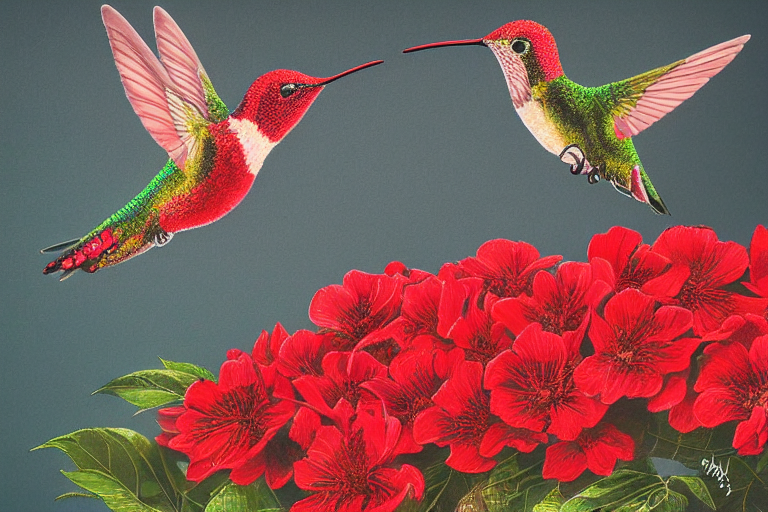 Portrait Of Hummingbirds Swarming Red Flowers. Shadow And Li...