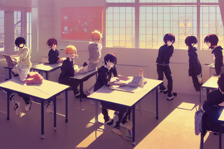 Boys Love Anime Modern High School Classroom In Winter Clear...