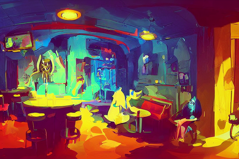 A Digital Art Of A Cat Sits On A Chair In A Rock N Roll Bar...
