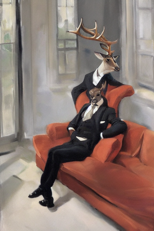 A Painting Of A Male Deer In Suit Sitting On A Sofa Near A W...