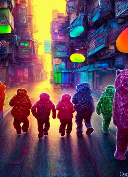 Colored Gummy Bears Walking Down A Grungy Street, By James G...