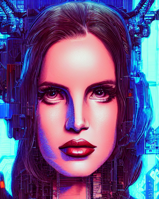 Portrait Of Lana Del Rey As A Cyborg Cyberpunk Intri... — Stable Diffusion AI Prompt: portrait of [ [ lana del rey ] ] as a cyborg [ [ cyberpunk ] ] intricate abstrac...