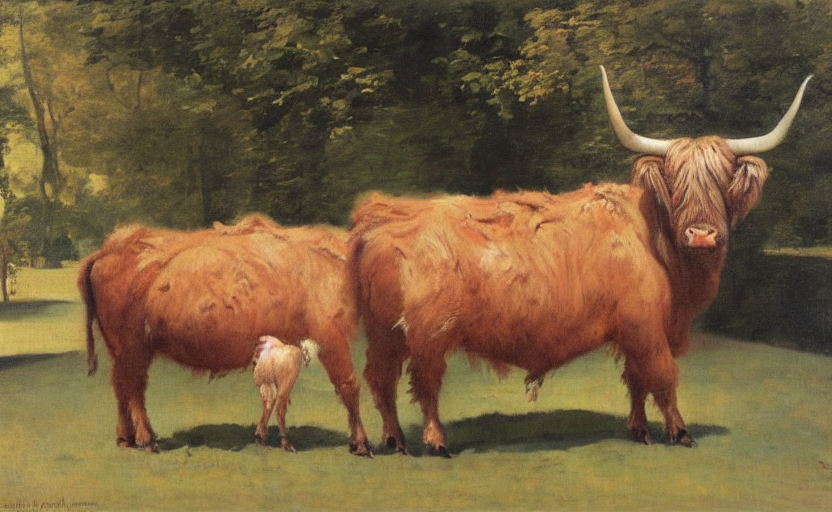 Oil Painting By Ingres Of A Highland Cow In A Paris Park.