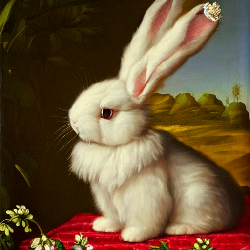 Renaissance Oil Painting Of Fluffy White Lop Eared Bunny Rab...