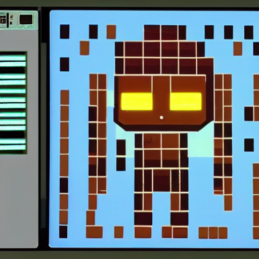 A Robot Coding, On Screen Old Video Game Shown — Stable Diffusion AI Prompt: a robot coding, on screen old video game shown