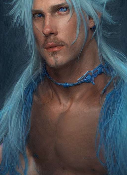 A Portrait Of A Male With Light Blueskin, Gills On His Neck,...