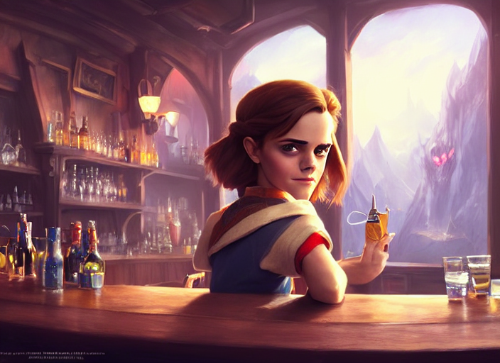 Grumpy Emma Watson Sitting In A Bar, Fantasy, Concept Art, A... — Stable Diffusion AI Prompt: grumpy emma watson sitting in a bar, fantasy, concept art, artstation, disney, p...