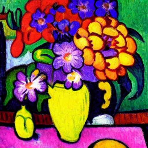 Gauguinesque, Floral. There Are Flowers In The Blue Vase On...