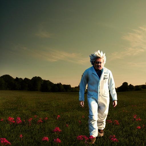 Rick Sanchez In Lab Suit, Face To Camera Walking In A Field....