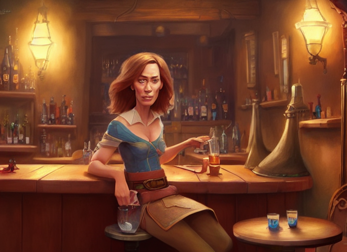 Grumpy Emily Blunt Sitting In A Bar, Fantasy, Concept Art, A...
